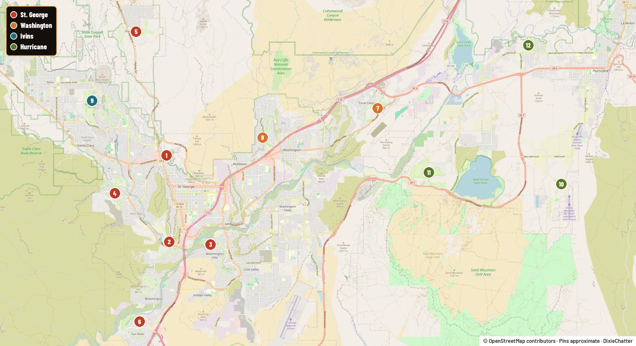 Map of public and resort golf courses in the St. George area with numbered pins; map data OpenStreetMap contributors