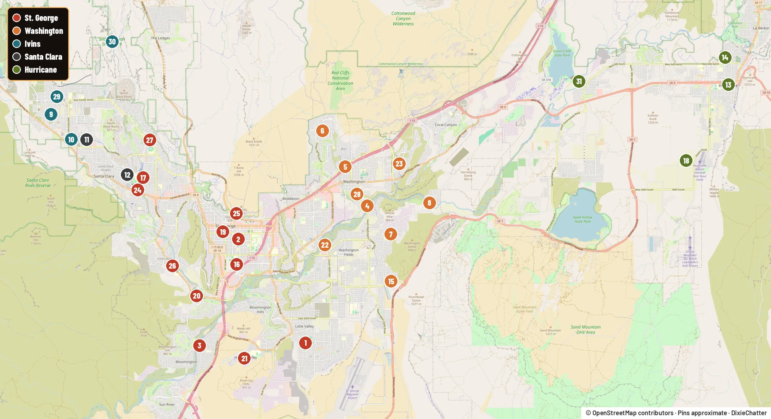 Map of pickleball courts, skate parks, splash pads and parks in St. George, Washington, Ivins, Santa Clara and Hurricane with numbered pins; map data OpenStreetMap contributors