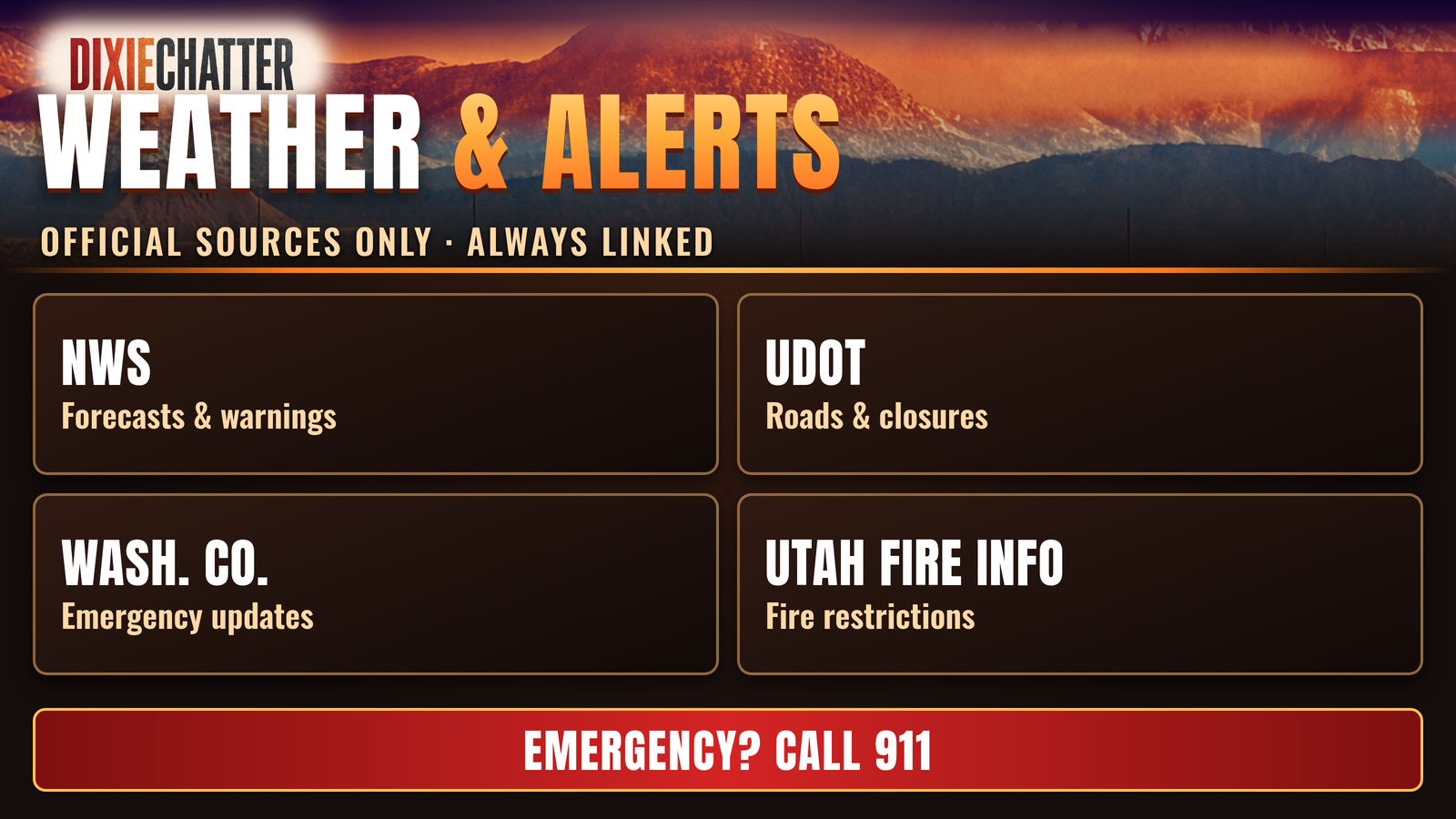 DixieChatter graphic: Weather and alerts from official sources only: National Weather Service, UDOT, Washington County emergency updates, Utah Fire Info. Emergency? Call 911.