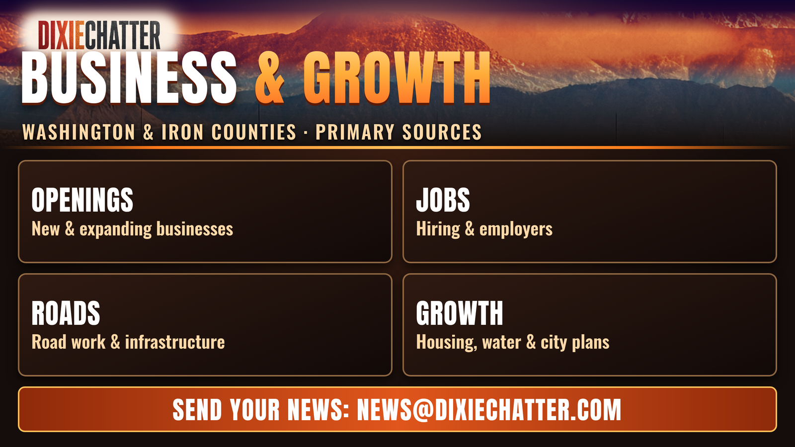 DixieChatter graphic: Business & Growth. Washington & Iron Counties · Primary Sources. Openings: New & expanding businesses; Jobs: Hiring & employers; Roads: Road work & infrastructure; Growth: Housing, water & city plans. Send Your News: news@dixiechatter.com.