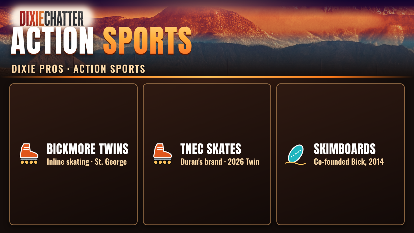 DixieChatter graphic: Action Sports. Dixie Pros · Action Sports. Bickmore Twins: inline skating, St. George; TNEC Skates: Duran's brand, 2026 Twin; Skimboards: co-founded Bick, 2014.